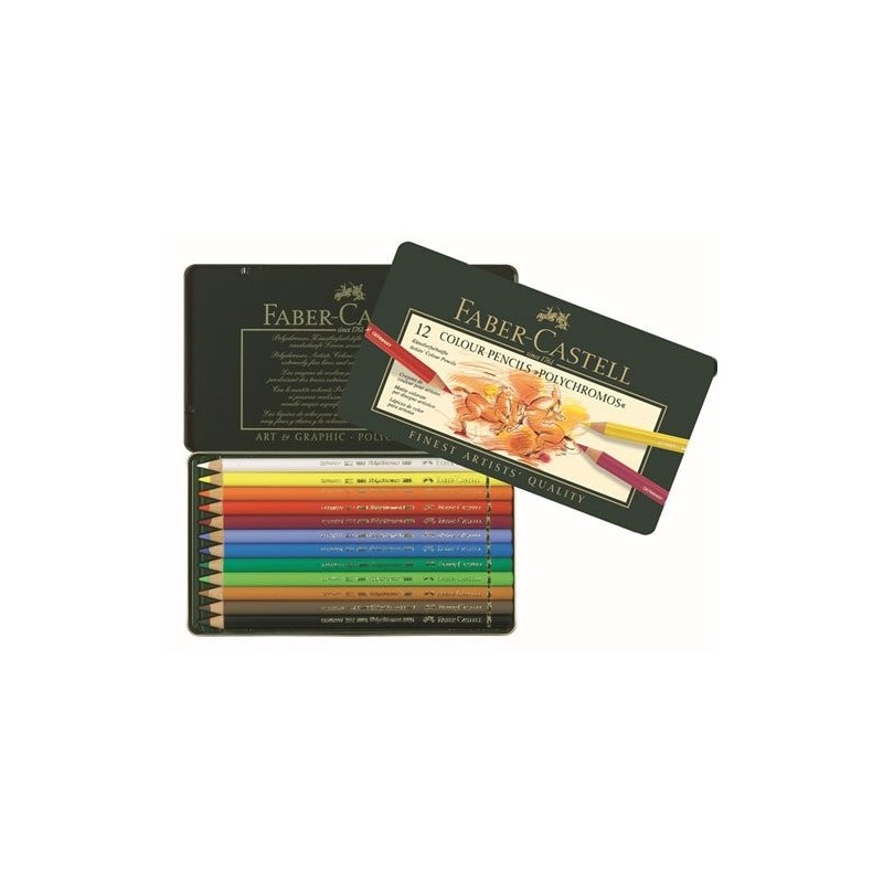 Materiais Belas Artes - Caixa metal Lápis Cor POLYCHROMO, Faber Castell (12 cores) | totenart.com