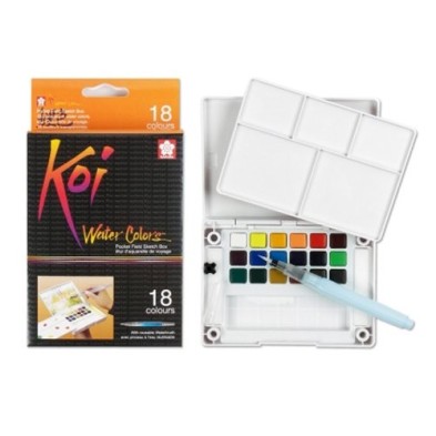 Materiais Belas Artes - Caixa Pocket Box 18 pastilhas aquarelas Koi Sakura + escova agua recarregáveis | totenart.com