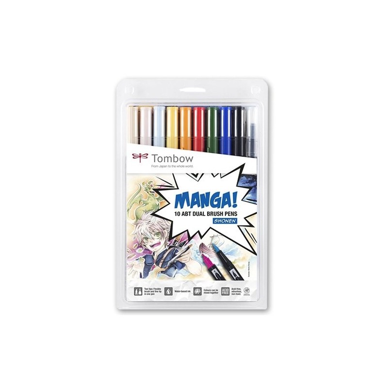 Materiais Belas Artes - Marcador Dual Brush Tombow, Set de 10 Cores Manga Shonen | totenart.com