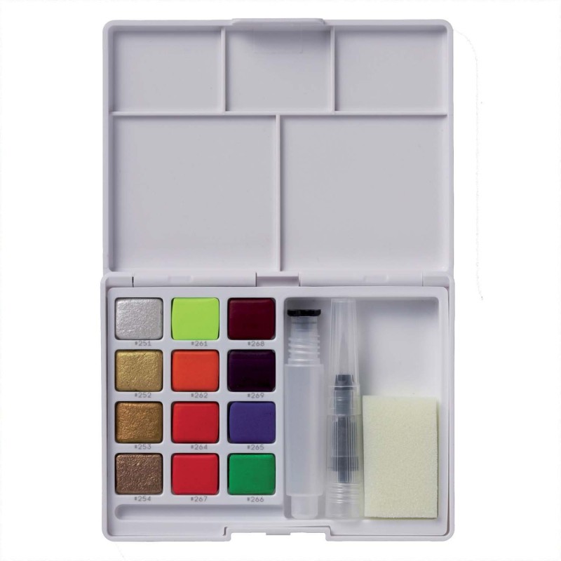 Materiais Belas Artes - Caixa Pocket Box 12 pastilhas aquarelas (metálico e fluorescente) Sakura | totenart.com\n