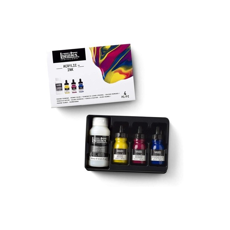 Materiais Belas Artes - Conjunto de tintas acrílicas Liquitex, 3 cores 30 ml. + Pouring medium 118 ml. | totenart.com
