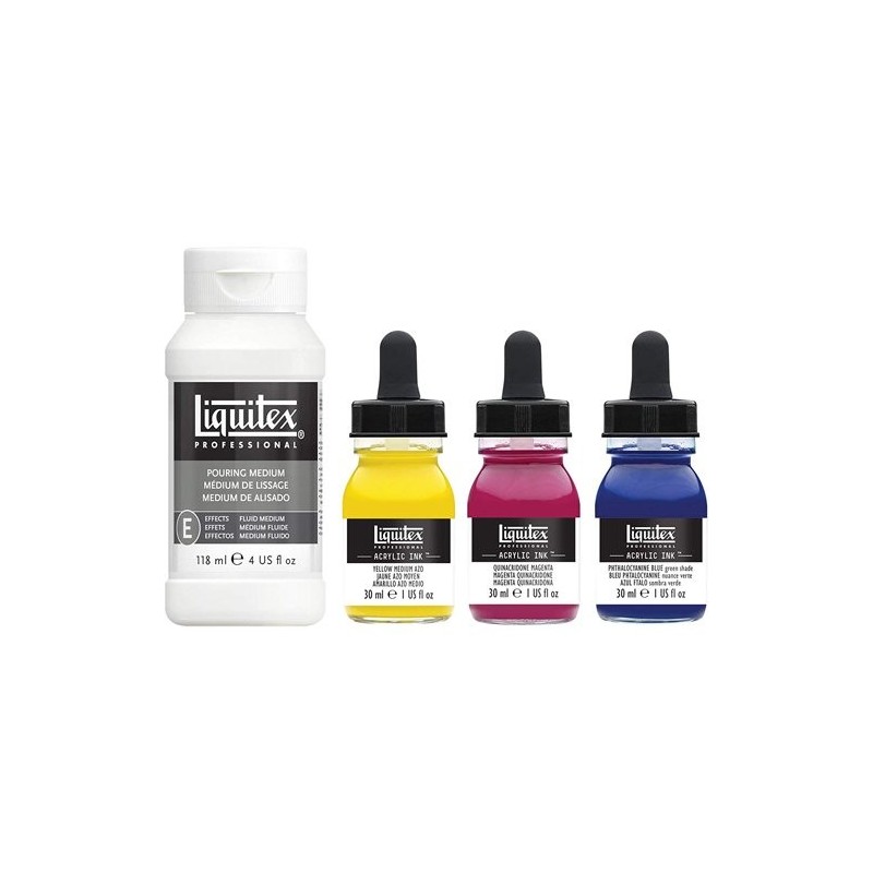 Materiais Belas Artes - Conjunto de tintas acrílicas Liquitex, 3 cores 30 ml. + Pouring medium 118 ml. | totenart.com