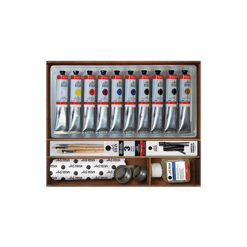 Oleo Titan Extrafino, caixa de madeira, 10 cores 40 ml.