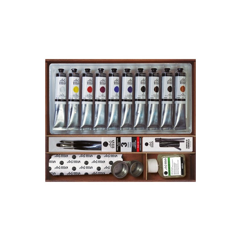 Oleo Titan Extrafino, caixa de madeira, 10 cores 40 ml.