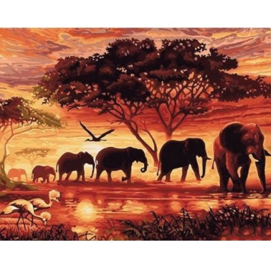 Materiais Belas Artes - Caixa kit pintura por números \"Eléphants au Coucher\", 40x50cm, Figured\'Art | totenart.com
