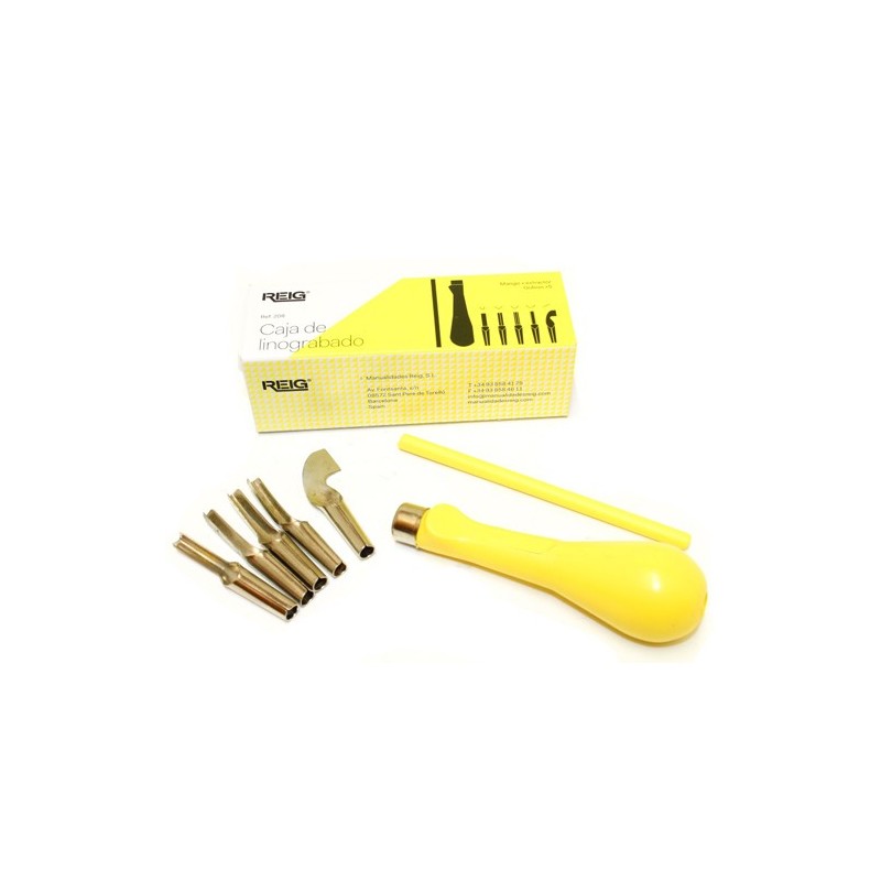 Caixa para linoleo, com cabo e 5 penas.