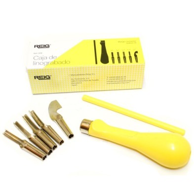 Caixa para linoleo, com cabo e 5 penas.