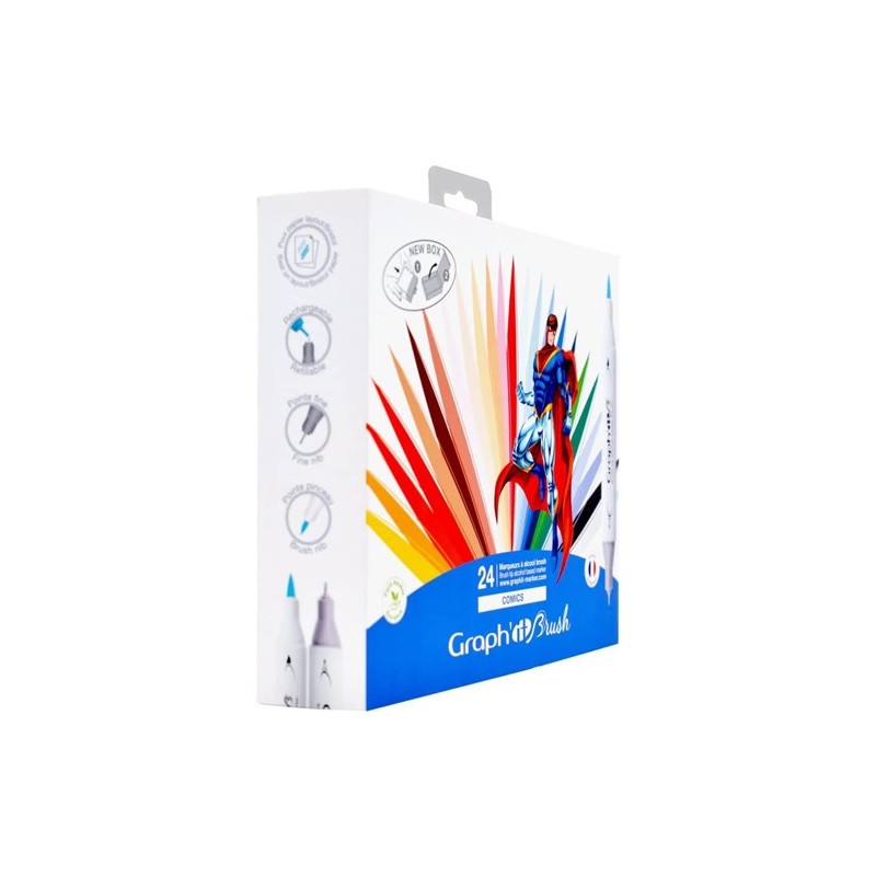 Materiais Belas Artes - Caixa 24 Marcadores de ponta dupla, cores comics, Graph\'it | totenart.com
