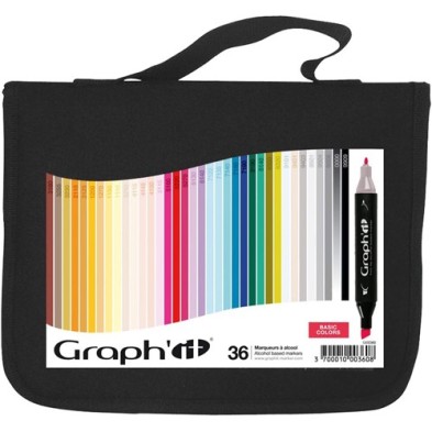 Materiais Belas Artes - Caixa 36 Marcadores de ponta dupla, cores básicas, Graph\'it | totenart.com