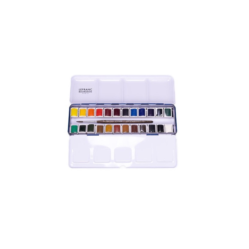Materiais Belas Artes - Caixa aquarela Lefranc Bourgeois, 24 godets médios e pincel | totenart.com