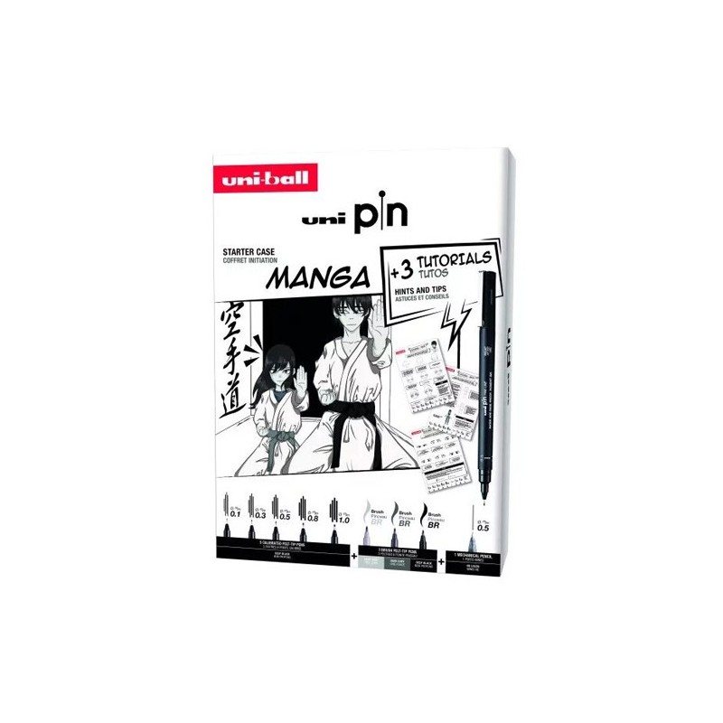 Materiais Belas Artes - Kit de iniciação para manga, 8 marcadores Uni Pin + lápis mecânico e tutoriais, Uni-Ball | totenart.com
