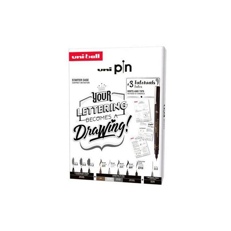 Materiais Belas Artes - Kit de iniciação para Lettering, 8 marcadores Uni Pin + lápis mecânico e tutoriais, Uni-Ball | totenart.