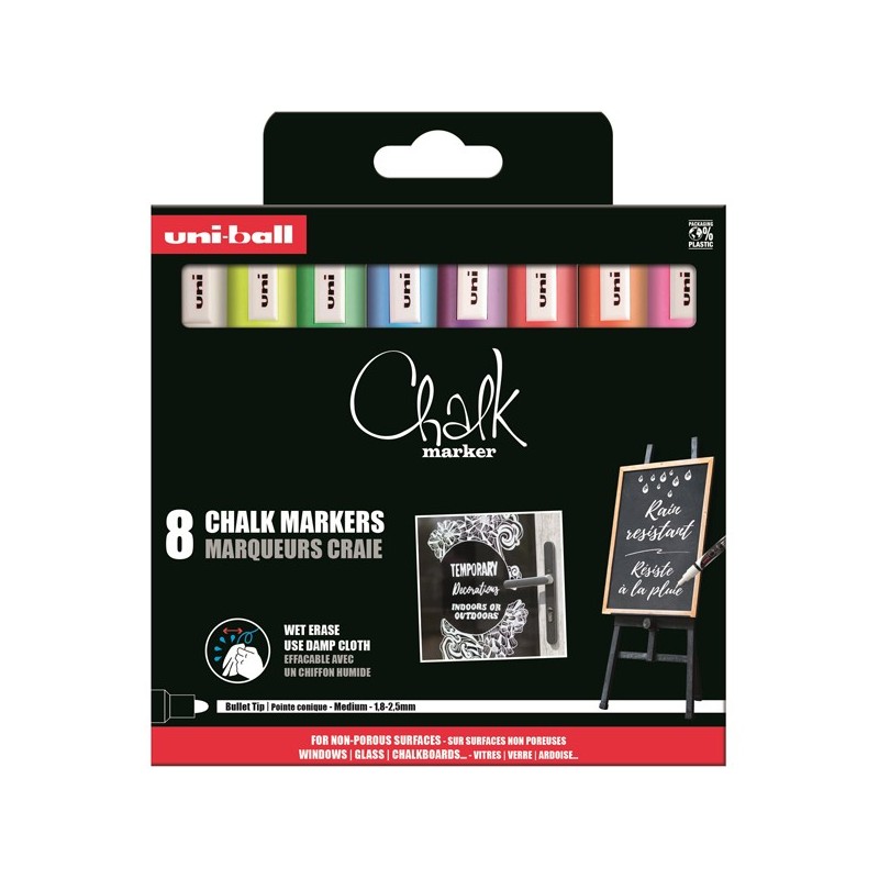 Materiais Belas Artes - Caixa Marcadore 8 cores Chalk Marker, 1.8-2.5 mm, Uni-Ball | totenart.com