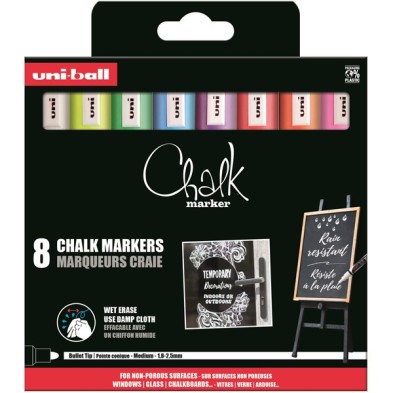 Materiais Belas Artes - Caixa Marcadore 8 cores Chalk Marker, 1.8-2.5 mm, Uni-Ball | totenart.com