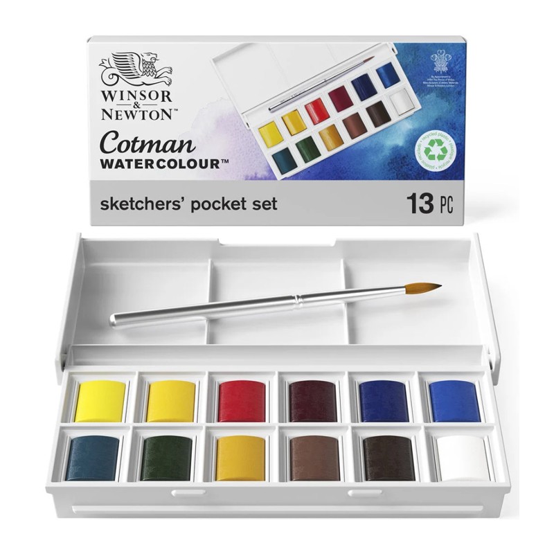 Materiais Belas Artes - Caixa 12 aquarelas Cotman 1/2 godet e pincel Winsor & Newton | totenart.com\n