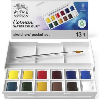 Materiais Belas Artes - Caixa 12 aquarelas Cotman 1/2 godet e pincel Winsor & Newton | totenart.com\n