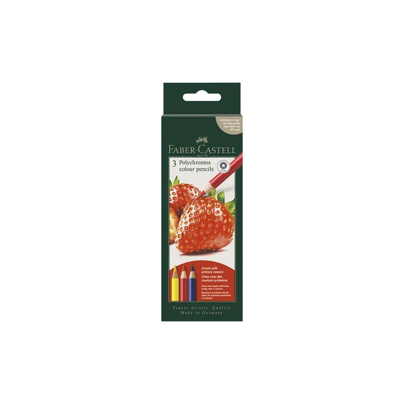 Conjunto criativo 3 lápis Polychromos Faber-Castell Morango: caixa do conjunto, com desenho de um morango