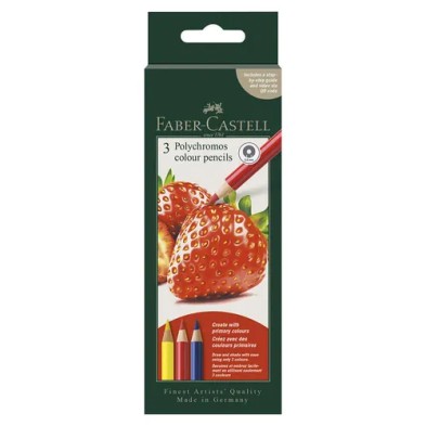 Conjunto criativo 3 lápis Polychromos Faber-Castell Morango: caixa do conjunto, com desenho de um morango