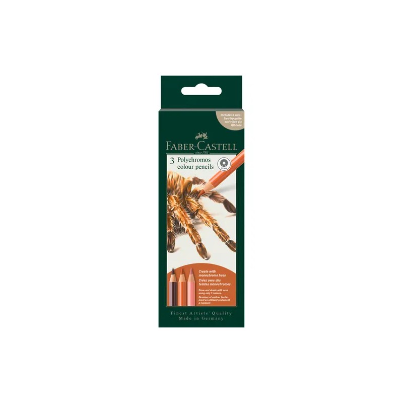 Conjunto criativo 3 lápis Polychromos Faber-Castell Aranha: caixa do conjunto, com desenho de uma aranha