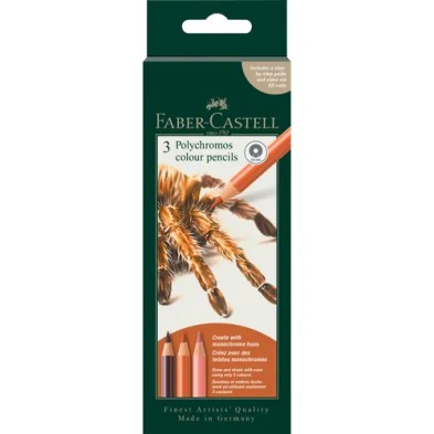 Conjunto criativo 3 lápis Polychromos Faber-Castell Aranha: caixa do conjunto, com desenho de uma aranha
