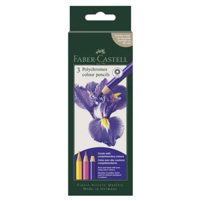 Conjunto criativo 3 lápis Polychromos Faber-Castell Íris: caixa do conjunto, com desenho de uma íris