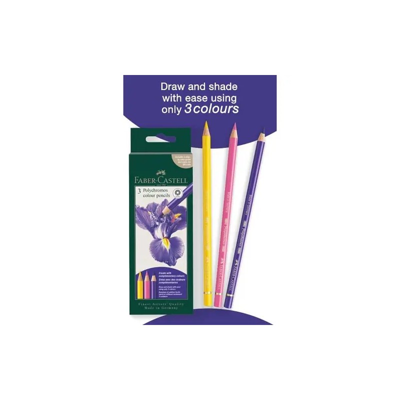 Conjunto criativo 3 lápis Polychromos Faber-Castell Íris: caixa e lápis do conjunto