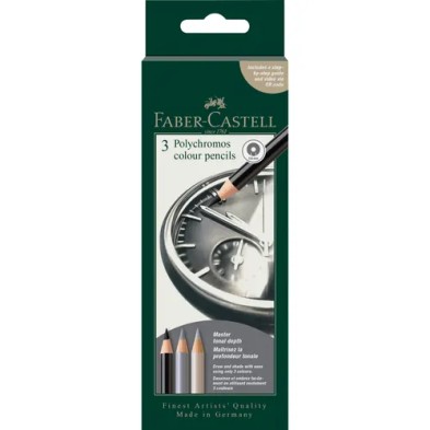 Conjunto criativo 3 lápis Polychromos Faber-Castell Relógio: caixa do conjunto, com desenho de um relógio