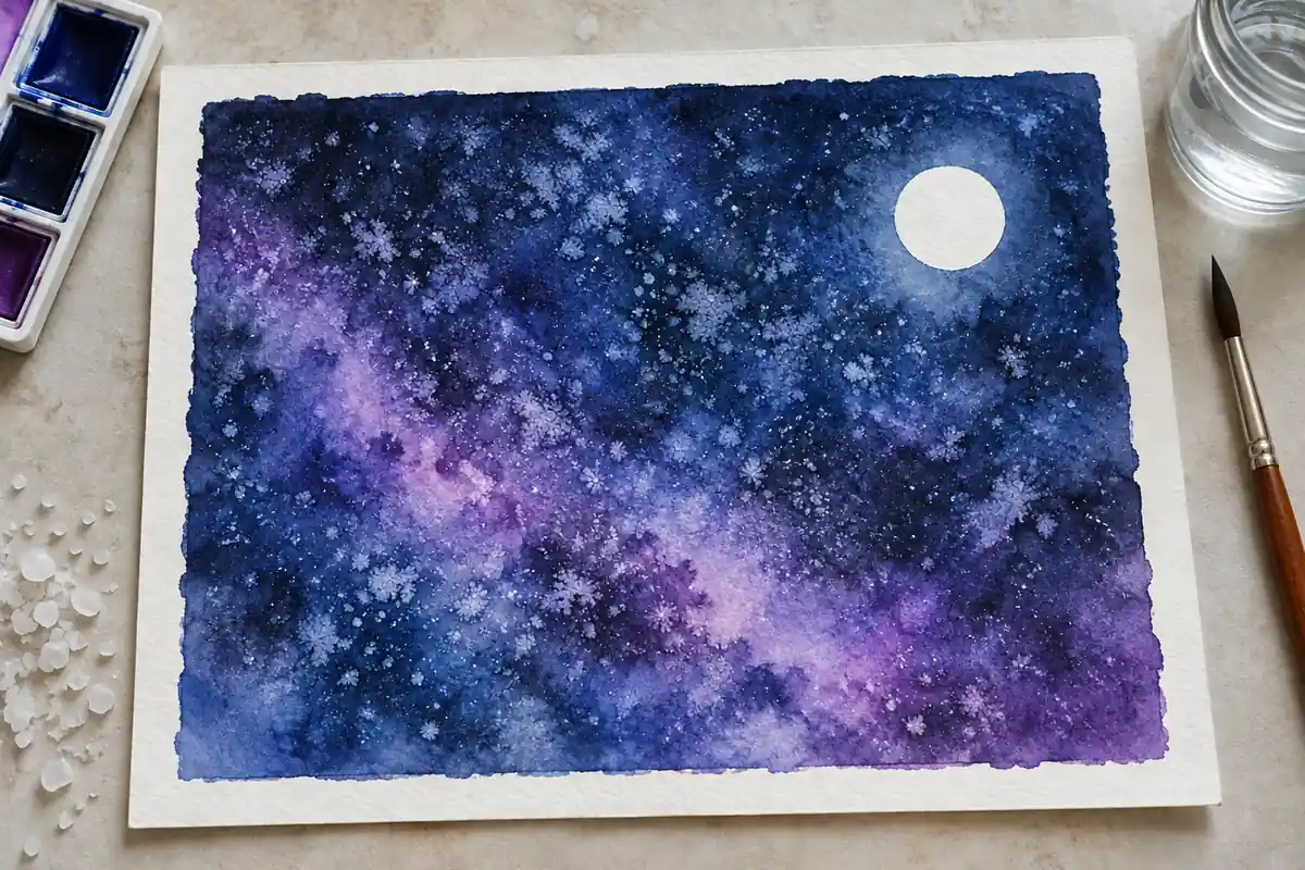 Céu noturno com sal pintado com aguarela, totenart