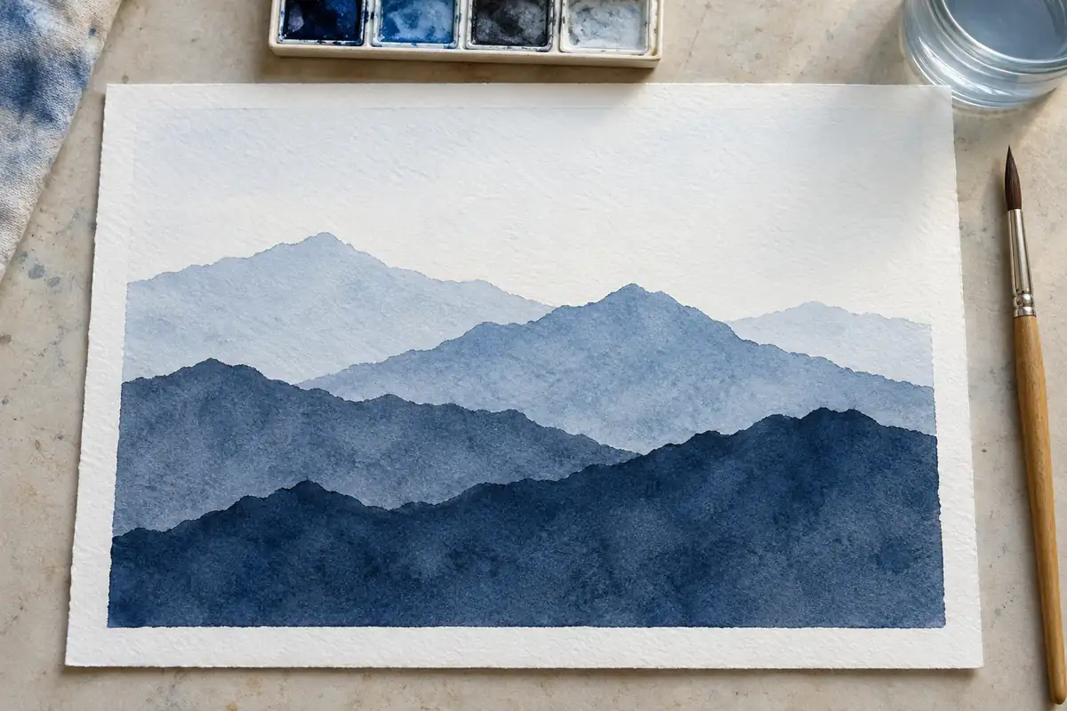 Montanhas em camadas pintadas com aguarela, totenart